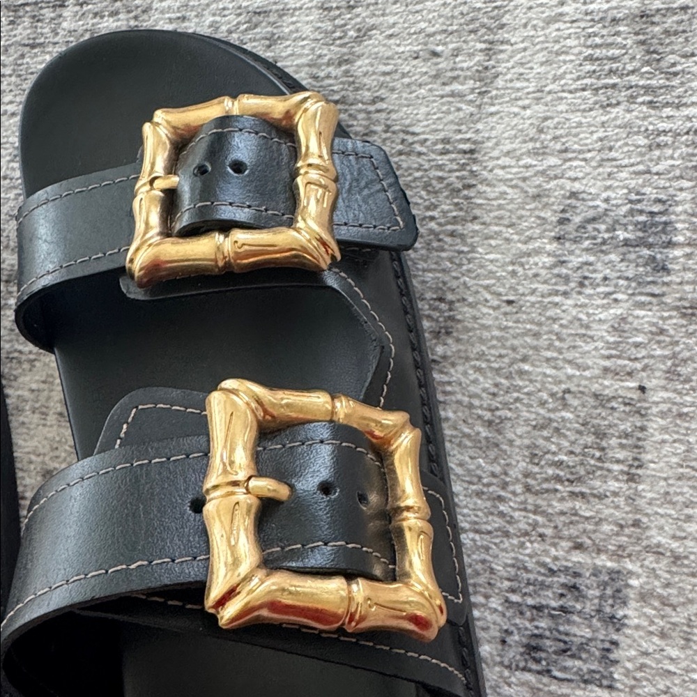 Schutz Black Sandals with Gold Buckles - Picture 6 of 7